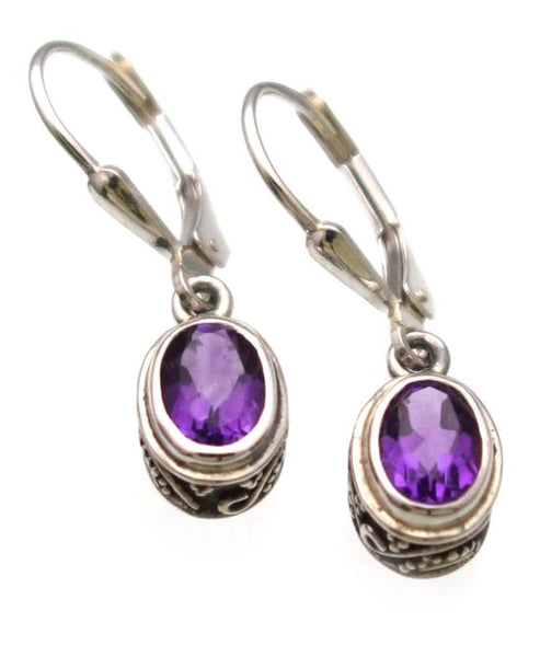 Amethyst Checkerboard Cut Earrings in Sterling Silver Ornate setting - Amazon Imports, Inc. - Fine Quality Gemstones and Jewelry Since 1978