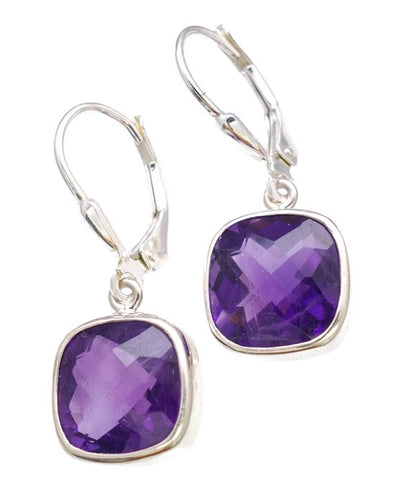 Amethsyt Checkerboard Cut Earrings in Sterling Silver Bezel Setting - Amazon Imports, Inc. - Fine Quality Gemstones and Jewelry Since 1978