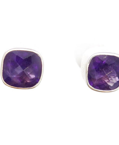 Amethyst Checkerboard Cut Post Earrings in Sterling Silver Bezel Setting - Amazon Imports, Inc. - Fine Quality Gemstones and Jewelry Since 1978