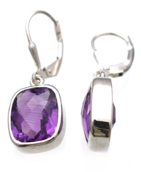Amethsyt Checkerboard Cut Earrings in Sterling Silver Bezel Setting - Amazon Imports, Inc. - Fine Quality Gemstones and Jewelry Since 1978
