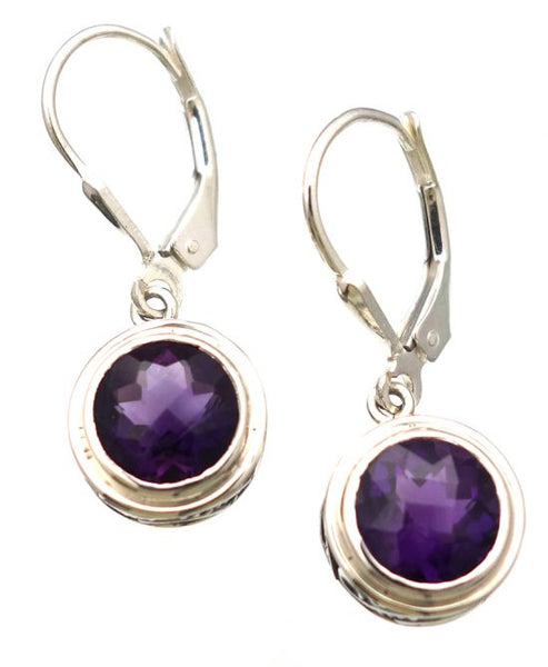 African Amethyst Checkerboard Cut Earrings in Sterling Silver Ornate Setting - Amazon Imports, Inc. - Fine Quality Gemstones and Jewelry Since 1978