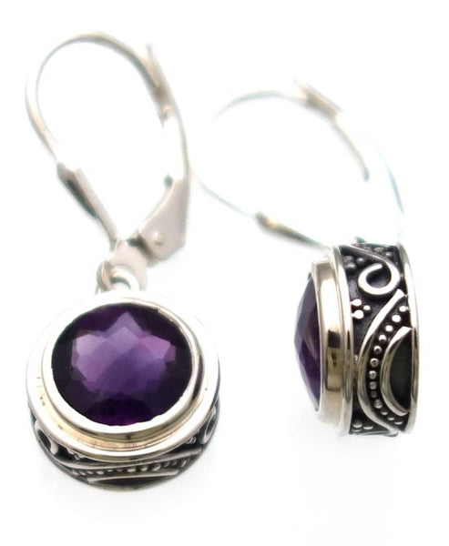 African Amethyst Checkerboard Cut Earrings in Sterling Silver Ornate Setting - Amazon Imports, Inc. - Fine Quality Gemstones and Jewelry Since 1978