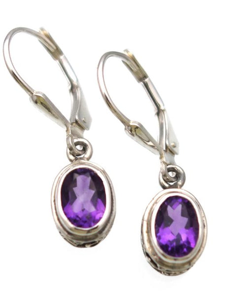 Amethyst Checkerboard Cut Earrings in Sterling Silver Ornate setting - Amazon Imports, Inc. - Fine Quality Gemstones and Jewelry Since 1978