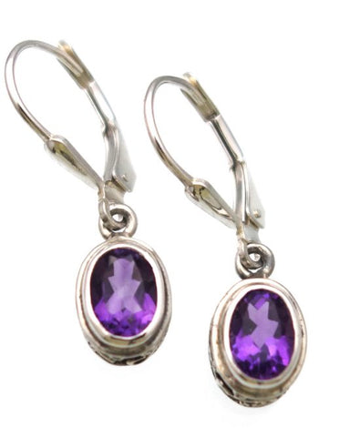 Amethyst Checkerboard Cut Earrings in Sterling Silver Ornate setting - Amazon Imports, Inc. - Fine Quality Gemstones and Jewelry Since 1978