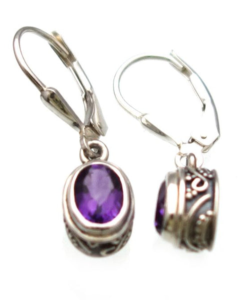 Amethyst Checkerboard Cut Earrings in Sterling Silver Ornate setting - Amazon Imports, Inc. - Fine Quality Gemstones and Jewelry Since 1978