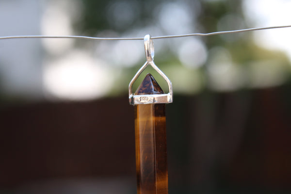 Tiger's Eye Double Terminated Point Sterling Silver Pendant w/ Rhodium Plated Sterling Silver Chain - Amazon Imports, Inc. - Fine Quality Gemstones and Jewelry Since 1978