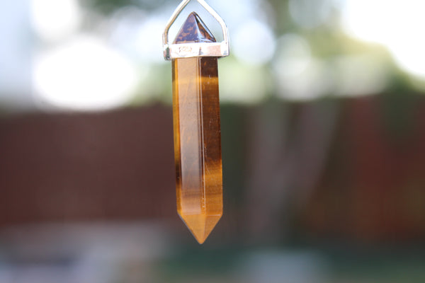 Tiger's Eye Double Terminated Point Sterling Silver Pendant w/ Rhodium Plated Sterling Silver Chain - Amazon Imports, Inc. - Fine Quality Gemstones and Jewelry Since 1978
