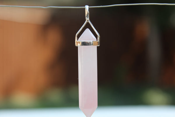 Natural Rose Quartz Double Terminated Point Sterling Silver Pendant w/ Rhodium Plated Sterling Silver Chain - Amazon Imports, Inc. - Fine Quality Gemstones and Jewelry Since 1978