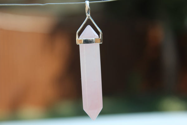 Natural Rose Quartz Double Terminated Point Sterling Silver Pendant w/ Rhodium Plated Sterling Silver Chain - Amazon Imports, Inc. - Fine Quality Gemstones and Jewelry Since 1978