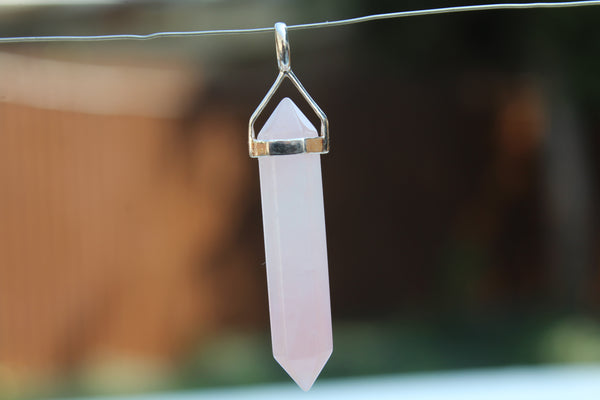Natural Rose Quartz Double Terminated Point Sterling Silver Pendant w/ Rhodium Plated Sterling Silver Chain - Amazon Imports, Inc. - Fine Quality Gemstones and Jewelry Since 1978