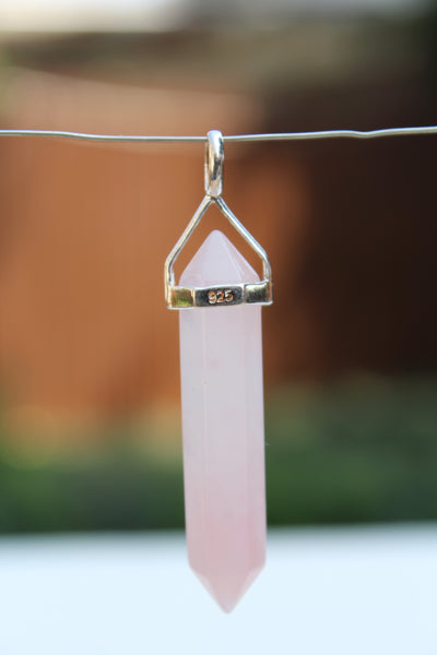 Natural Rose Quartz Double Terminated Point Sterling Silver Pendant w/ Rhodium Plated Sterling Silver Chain - Amazon Imports, Inc. - Fine Quality Gemstones and Jewelry Since 1978