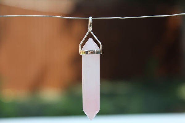 Natural Rose Quartz Double Terminated Point Sterling Silver Pendant w/ Rhodium Plated Sterling Silver Chain - Amazon Imports, Inc. - Fine Quality Gemstones and Jewelry Since 1978
