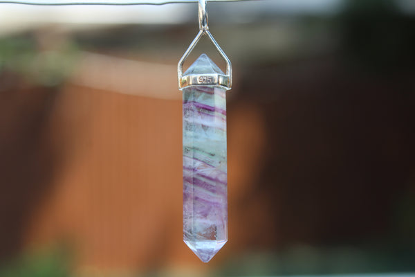 Fluorite Double Terminated Point Sterling Silver Pendant w/ Rhodium Plated Sterling Silver Chain - Amazon Imports, Inc. - Fine Quality Gemstones and Jewelry Since 1978