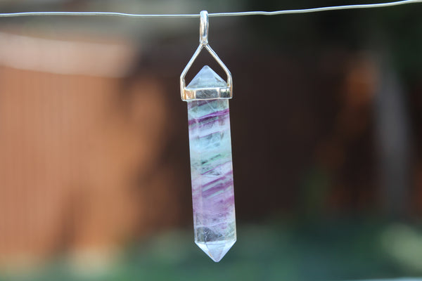 Fluorite Double Terminated Point Sterling Silver Pendant w/ Rhodium Plated Sterling Silver Chain - Amazon Imports, Inc. - Fine Quality Gemstones and Jewelry Since 1978