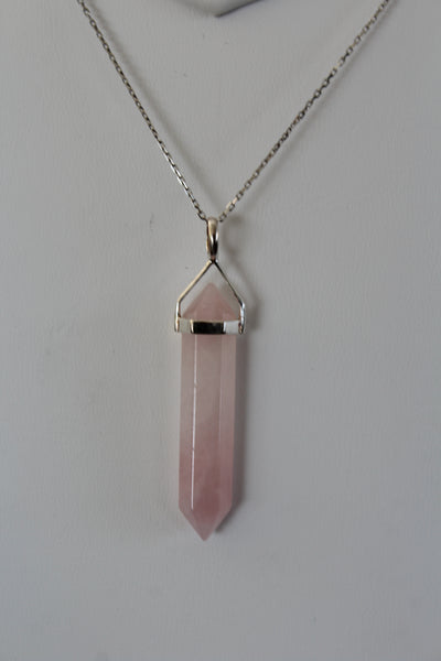 Natural Rose Quartz Double Terminated Point Sterling Silver Pendant w/ Rhodium Plated Sterling Silver Chain - Amazon Imports, Inc. - Fine Quality Gemstones and Jewelry Since 1978