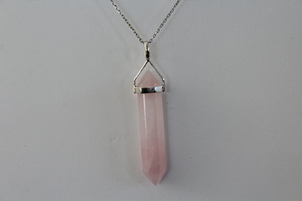 Natural Rose Quartz Double Terminated Point Sterling Silver Pendant w/ Rhodium Plated Sterling Silver Chain - Amazon Imports, Inc. - Fine Quality Gemstones and Jewelry Since 1978