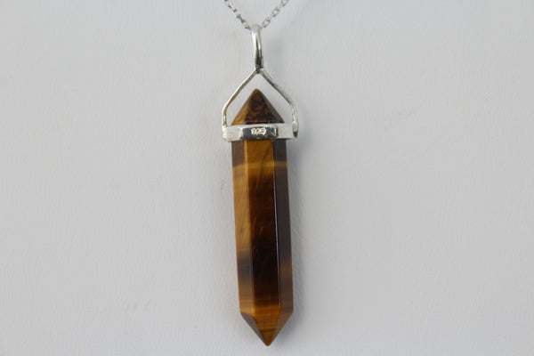 Tiger's Eye Double Terminated Point Sterling Silver Pendant w/ Rhodium Plated Sterling Silver Chain - Amazon Imports, Inc. - Fine Quality Gemstones and Jewelry Since 1978