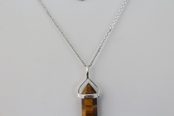 Tiger's Eye Double Terminated Point Sterling Silver Pendant w/ Rhodium Plated Sterling Silver Chain - Amazon Imports, Inc. - Fine Quality Gemstones and Jewelry Since 1978