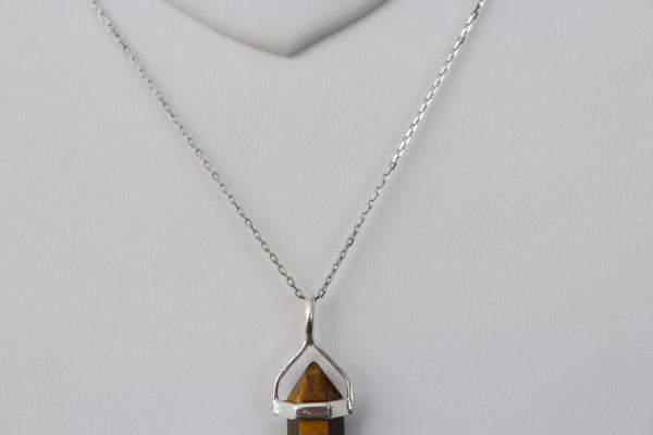 Tiger's Eye Double Terminated Point Sterling Silver Pendant w/ Rhodium Plated Sterling Silver Chain - Amazon Imports, Inc. - Fine Quality Gemstones and Jewelry Since 1978