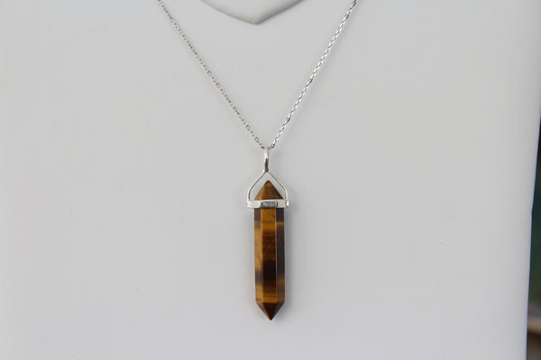 Tiger's Eye Double Terminated Point Sterling Silver Pendant w/ Rhodium Plated Sterling Silver Chain - Amazon Imports, Inc. - Fine Quality Gemstones and Jewelry Since 1978