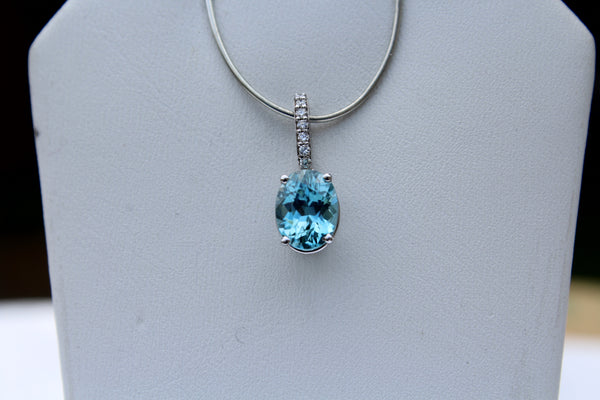 Blue Zircon Gemstone Pendant with Diamonds in 14kt White Gold - Amazon Imports, Inc. - Fine Quality Gemstones and Jewelry Since 1978