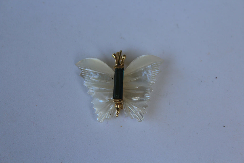 Mother of Pearl Butterfly & Tourmaline Pendant in 14kt. Gold