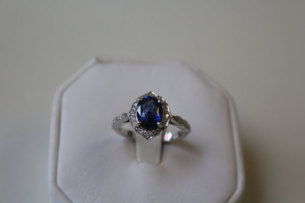 Blue Sapphire Ring with Diamonds - set in 14 kt. White Gold