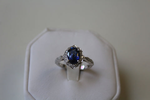 Blue Sapphire Ring with Diamonds - set in 14 kt. White Gold