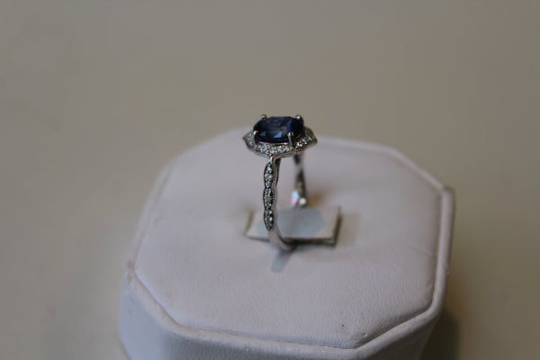 Blue Sapphire Ring with Diamonds - set in 14 kt. White Gold