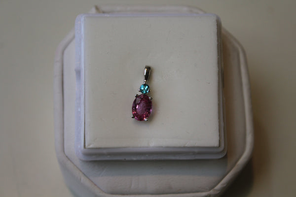 Pink Sapphire Pendant in 14 kt. White Gold - Paraiba Tourmaline accent